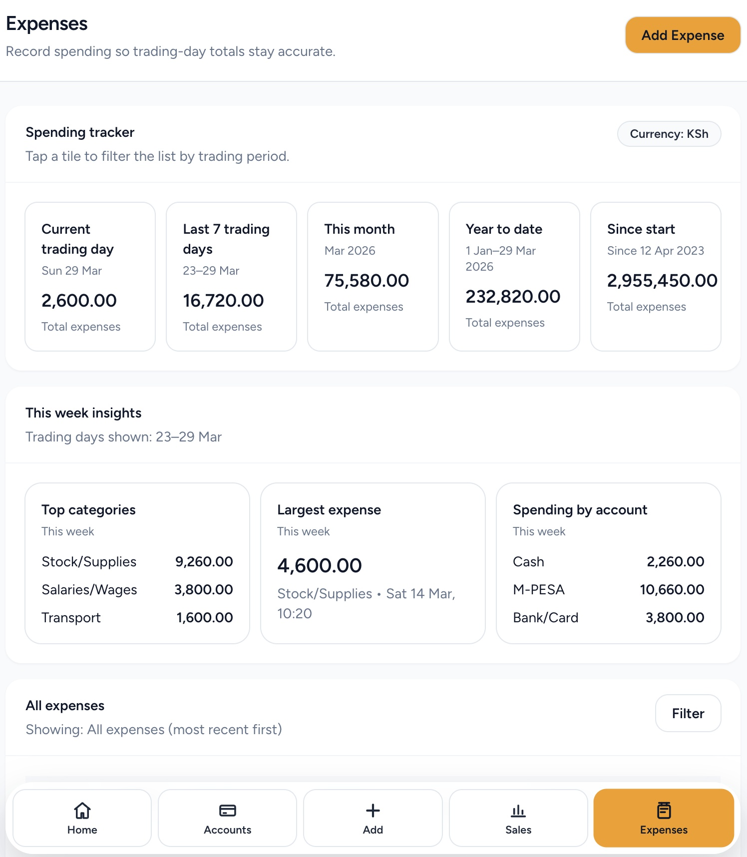 Bizwazi expense tracker and expenses screen